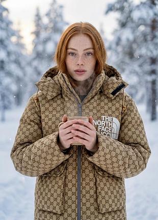 Куртка жіноча the north face x gucci пуховик монограм бежева розмір s