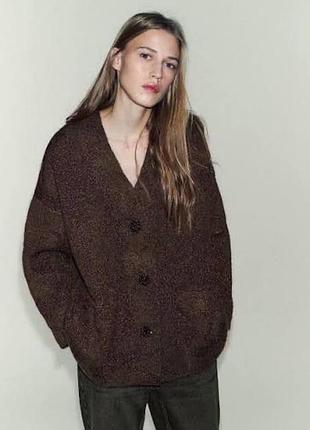 Коричневий кардиган zara з фактурним візерунком і люрексом