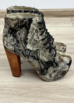 Jeffrey campbell lita cat tapestry шкіряні y2k черевики ботильйони стріпи на платформі на підборах натуральна шкіра гобелен принт котики р.36 37 літи