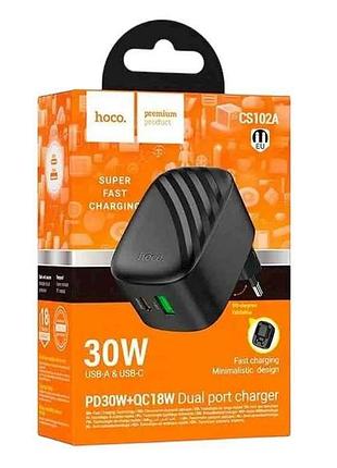 Мережевий зарядний пристрій usb cs102a 3a/1usb/pd30w/qc3.0 чорний тм hoco