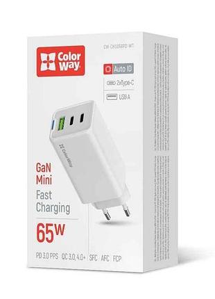 Мережевий зарядний пристрій gan mini 65w pd port pps usb (usb-2c1a) біле тм сolorway