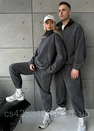 Теплые парные спортивные костюмы family look на флисе, женский и мужской флисовый костюм оверсайз графит / мокко / черный /шоколад