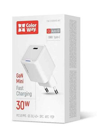 Сетевое зарядное устройство gan mini 30w pd port pps usb-c белое тм сolorway
