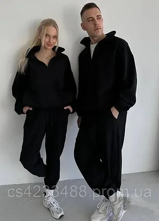 Теплые парные спортивные костюмы family look на флисе, женский и мужской флисовый костюм оверсайз графит / мокко / черный /шоколад