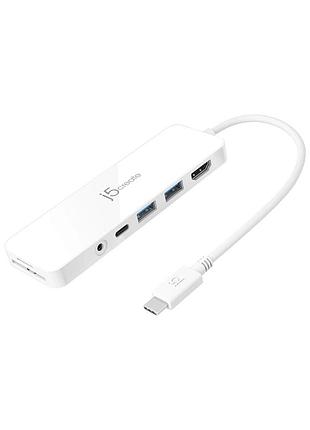 Концентратор j5create usb-c 6-in-1 2xusb 3.1 + usb-c pd + hdmi + sd/tf + 3.5mm white (jcd373-n)