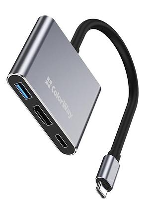 Концентратор colorway usb-c 3-in-1 usb 3.0 + hdmi 4k + usb-c pd100w (cw-hub08)