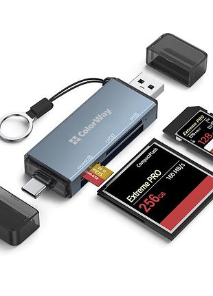 Считыватель флэш-карт colorway usb 2.0/usb-c to cf/sd/microsd (cw-cr-01)