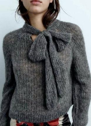 Светр жіночий zara ribbon open-knit sweater сірий в'язаний