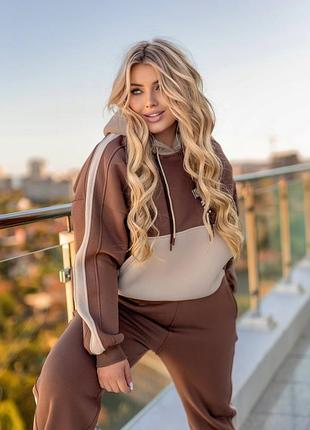 Качественный теплый женский спортивный костюм шоколадного цвета с лампасами 40-62