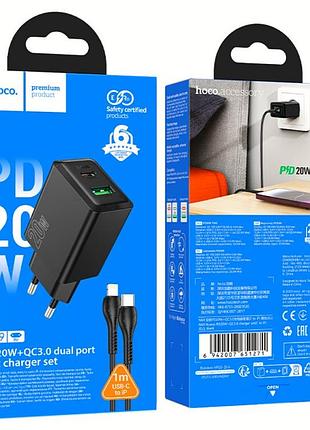 Адаптер 220v (1usb/1type-c) hoco n69 pd20w+qc3.0+type-c -lighting чорний