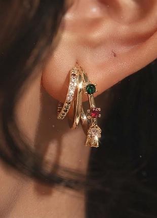Сережки з камінцями потрійні нержавіюча сталь stainless steel