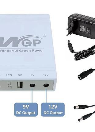 Mini ups wgp, powerbank 10400mah usb, dc 9v, 12v. ибп для роутеров + блок питания + кабель делитель - белый