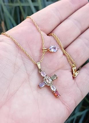 Сет кулон, подвеска крест, фианиты, на цепочке, набор,