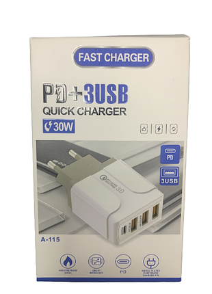 Мережевий зарядний пристрій 30 w type-c pd20w 3 usb 3 а abc білий