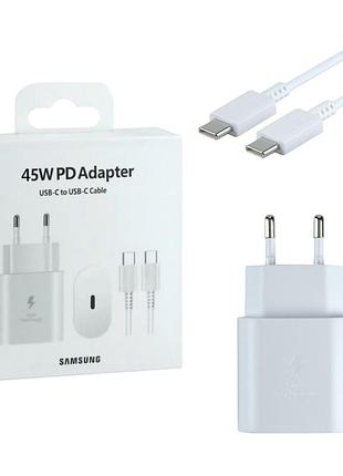 Сетевое зарядное устройство samsung pd45w / 3a type-c быстрая зарядка super fast charge + кабель type-c white