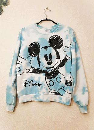 Теплий світшот з начісом жіночий house disney mickey mouse / блакитний оверсайз толстовка тай-дай мікки маус, розмір xs-s-м