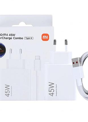 Мережевий зарядний пристрій для xiaomi 45w usb швидка зарядка mi turbo charge та qc3.0 + кабель type-c white