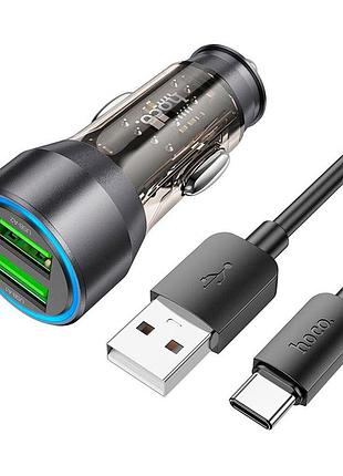 Автомобильное зарядное устройство hoco nz12 с быстрой зарядкой qc3.0 36w / 3a 2usb + кабель type-c 1м black