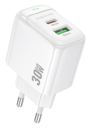 Мережевий зарядний пристрій borofone bas45a gan pd30w / 3a usb+type-c зі швидкою зарядкою white