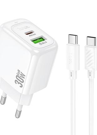 Сетевое зарядное устройство hoco cs55a 30w / 3a usb+type-c с быстрой зарядкой + кабель type-c-type-c white