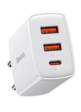 Сетевое зарядное устройство baseus compact pd30w / 3a 2usb+type-c с быстрой зарядкой для apple / xiaomi white