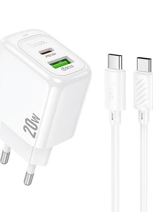 Мережевий зарядний пристрій hoco cs54a 20w / 3a usb+type-c зі швидкою зарядкою + кабель type-c-type-c white