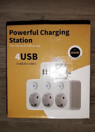 Новий мережевий подовжувач / зарядна станція 2500w (3 розетки + 4 usb)