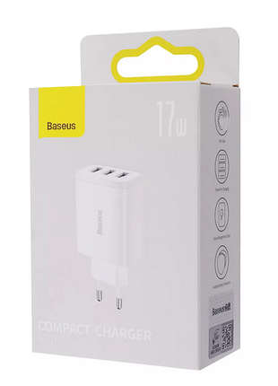 Мережевий зарядний пристрій ззп baseus compact 17 w (3 usb) білий