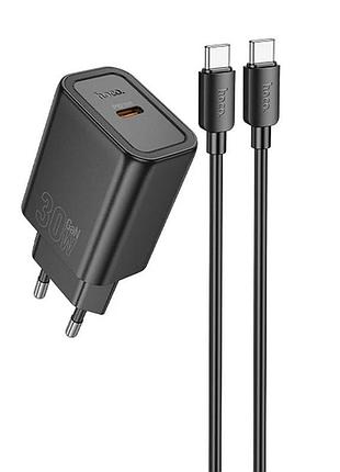 Сетевое зарядное устройство hoco n62 gan pd30w / 3a type-c с быстрой зарядкой + кабель type-c-type-c black