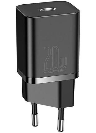 Мережевий зарядний пристрій baseus super si pd20w / 3a type-c зі швидкою зарядкою для apple / xiaomi black