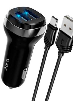 Автомобильное зарядное устройство hoco z40 12w / 2.4a 2usb + кабель type-c 1м black