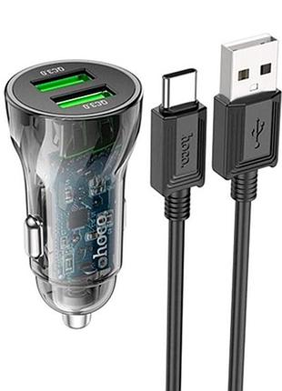 Автомобильное зарядное устройство hoco z47 с быстрой зарядкой qc3.0 20w / 3a 2usb + кабель type-c 1м black