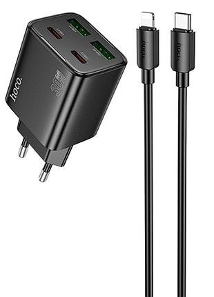 Сзу hoco n56 fundador pd30w four-port (2usb-a/2c) + кабель type-c to lightning black