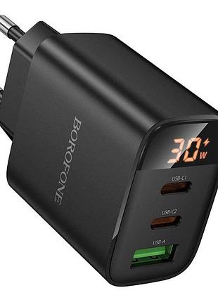 Сетевое зарядное устройство borofone ba98a pd 30w / 3a usb+2type-c с быстрой зарядкой и дисплеем black