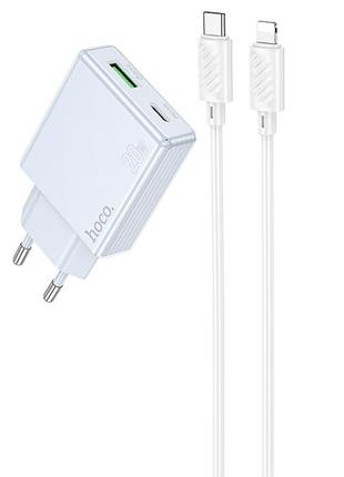 Мережевий зарядний пристрій hoco c142a pd20w / 3a usb+type-c зі швидкою зарядкою + кабель type-c-lightning blue