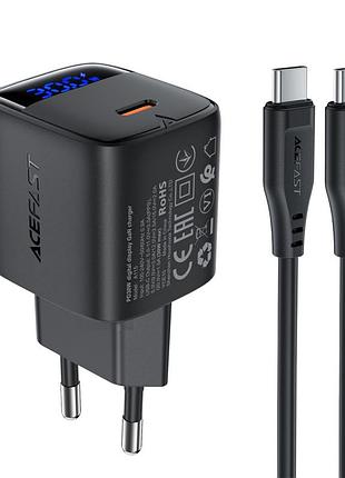 Сетевое зарядное устройство acefast a115 gan pd 30w / 3a type-c с быстрой зарядкой и дисплеем + кабель type-c-type-c black