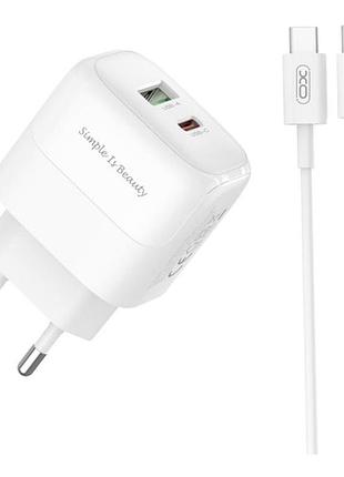 Сетевое зарядное устройство xo l137 new logo 1usb-c/1usb pd/qc 20w в комплете кабель type-c to type-c 1м white