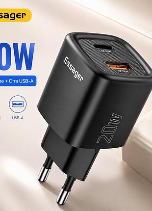 Сетевое зарядное устройство essager es-cd54 20w usb type-c pd + usb-a, быстрая зарядка, адаптер питания 110–240v, eu plug черное