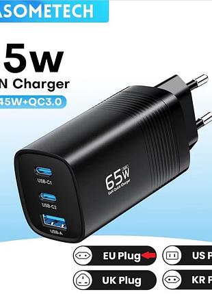 Мережевий зарядний пристрій asometech(ast3p) gan 65w pps pd+qc4.0 / 3-порти / usb + type c / fast charging / black