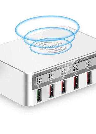 Зарядний пристрій wlx-818pf 100w 1xusb qc3.0 / 4xusb / 1xpd type-c / бездротова зарядка qi 10w - white