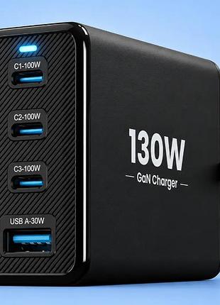 Зарядний пристрій asometech 130w gan fast charger (3 type-c + 1 usb) black