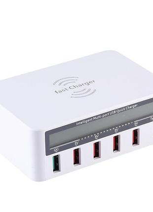 Зарядний пристрій wlx-818f 1xusb qc3.0 / 4xusb / 1xtype-c / бездротова зарядка qi 10w / 50w (max) - white