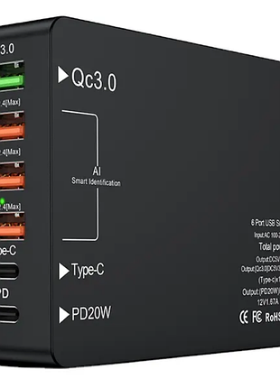 Зарядний пристрій wlx-518 1xusb qc3.0 / 3xusb / 1xtype-c /1xpd type-c / 65w (max)