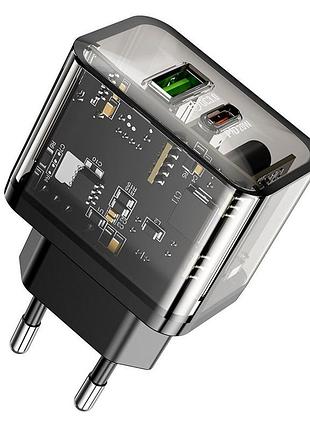 Зарядний пристрій hoco n34 transparent black pd20w qc3.0 2 порти для смартфонів
