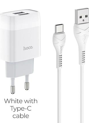 Зарядное устройство hoco c73a 2 порта 2.4a 100-240v поликарбонат белый кабель usb type c 1м