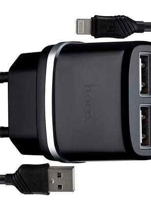 Зарядное устройство hoco c12 dual usb 2.4a с lightning кабелем для устройств apple черный