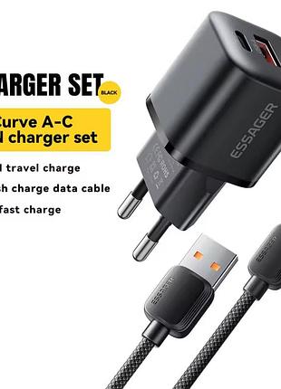 20w зарядний пристрій essager gan з usb і type-c зі швидким заряджанням + зарядний кабель pd арт. 06969
