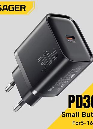 30w зарядний пристрій essager з type-c зі швидким заряджанням pd qc 3.0 із синім індикатором роботи арт. 08283