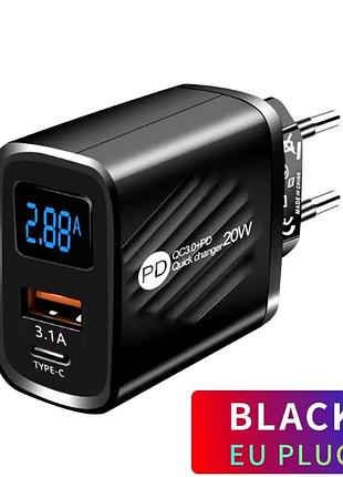 20w зарядний пристрій з usb 5 v 3.1 a і type-c з електронним табло (чорний) арт. 06089