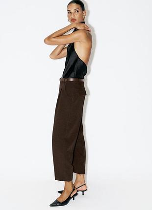 Брюки женские укороченные с ремнем темно-коричневые zara new